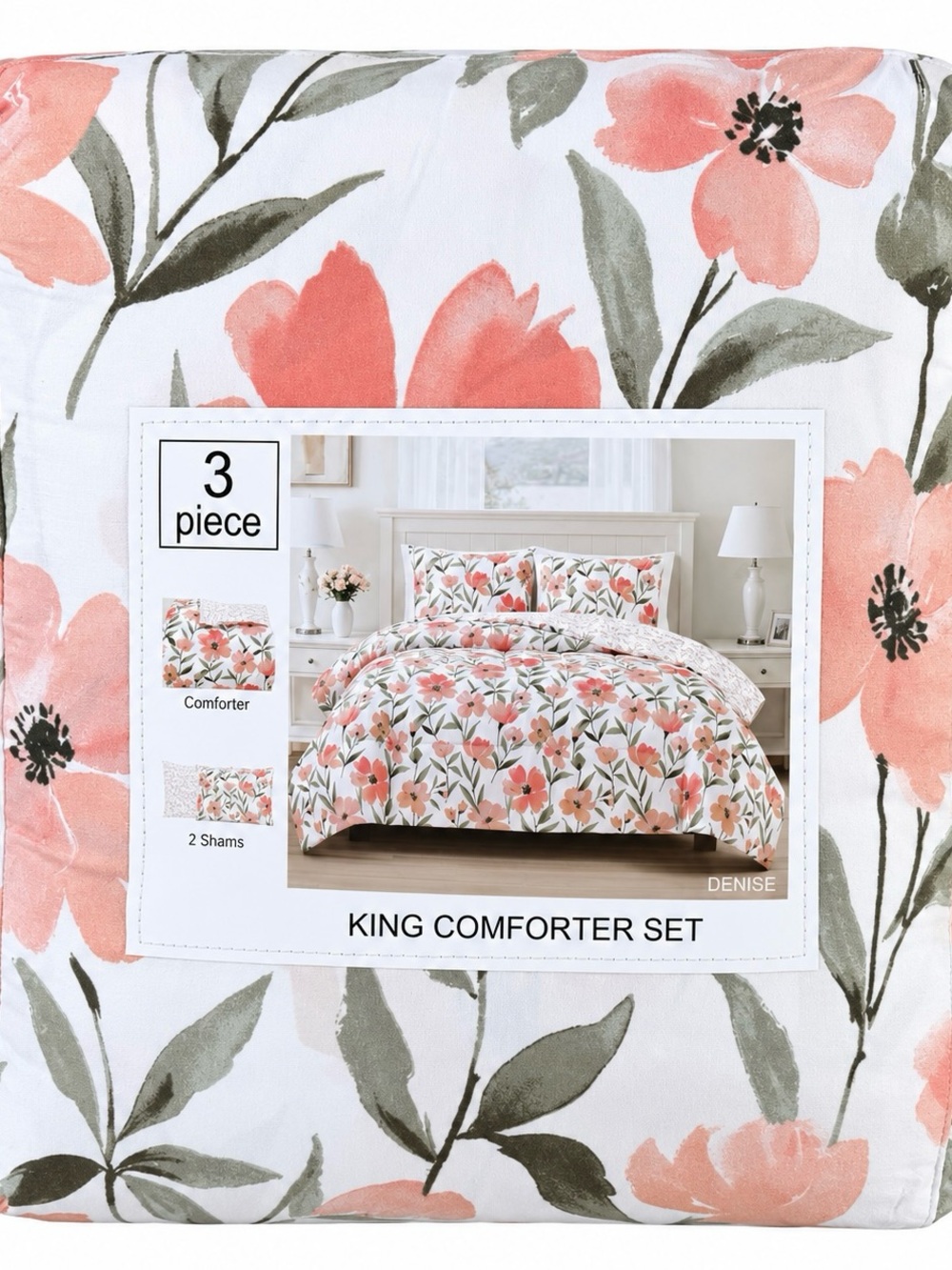 Denise King Floral 3 Piece Comforter Set Coral Peach Green New
